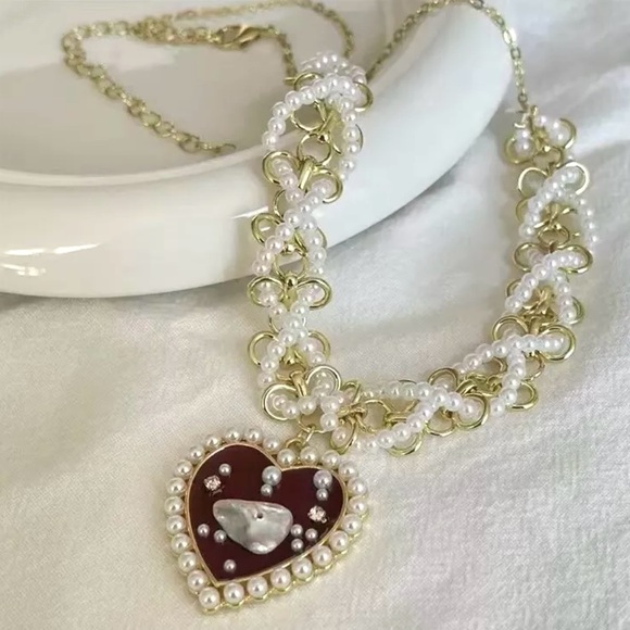 “Red Heart Sea of Pearls” Flake Shard Float Drift Love Romance Ocean Necklace - Picture 7 of 16